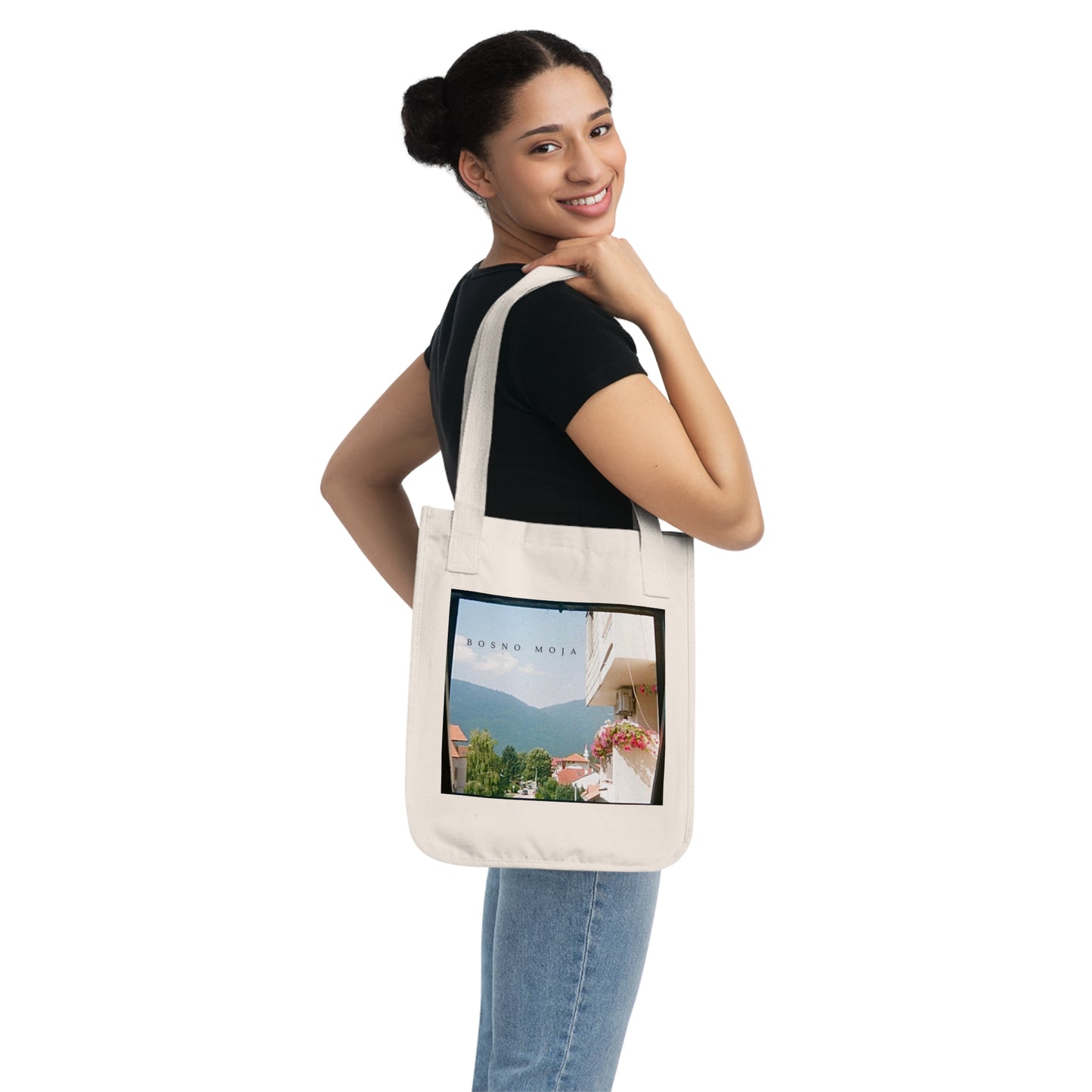 Bosno Moja Landscape Tote Bag | Balcony Flowers & Mountain View